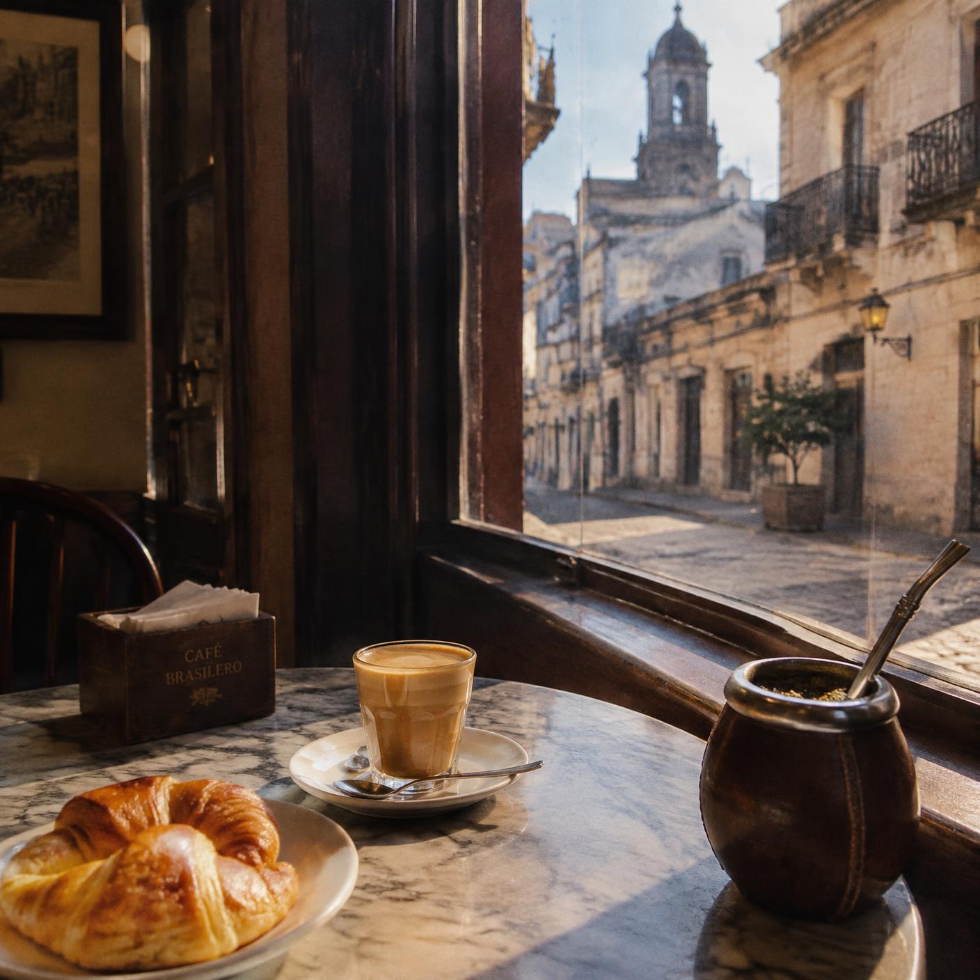 Cortado, medialunas and a mate gourd on a marble table in a Montevideo café