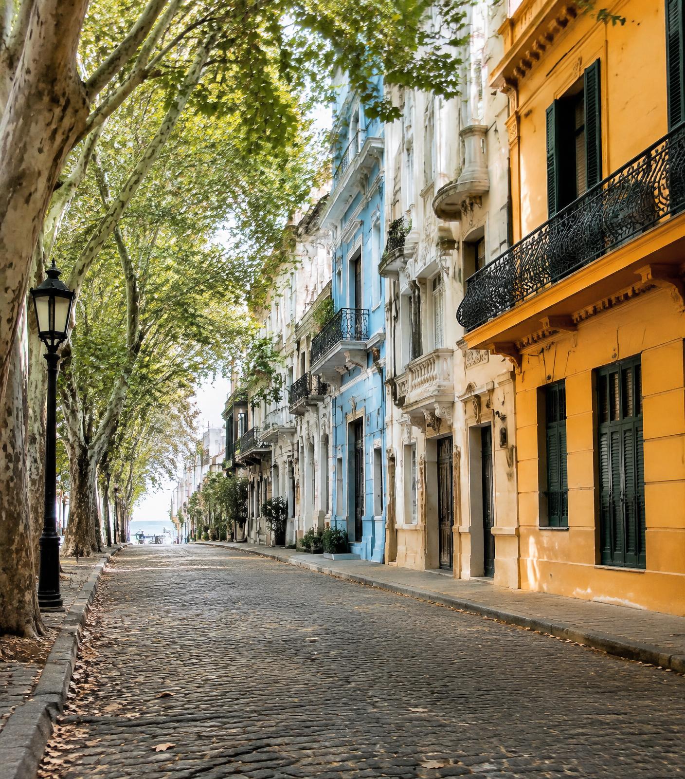 Cobbled street with colourful colonial facades and plane trees in Ciudad Vieja, Montevideo