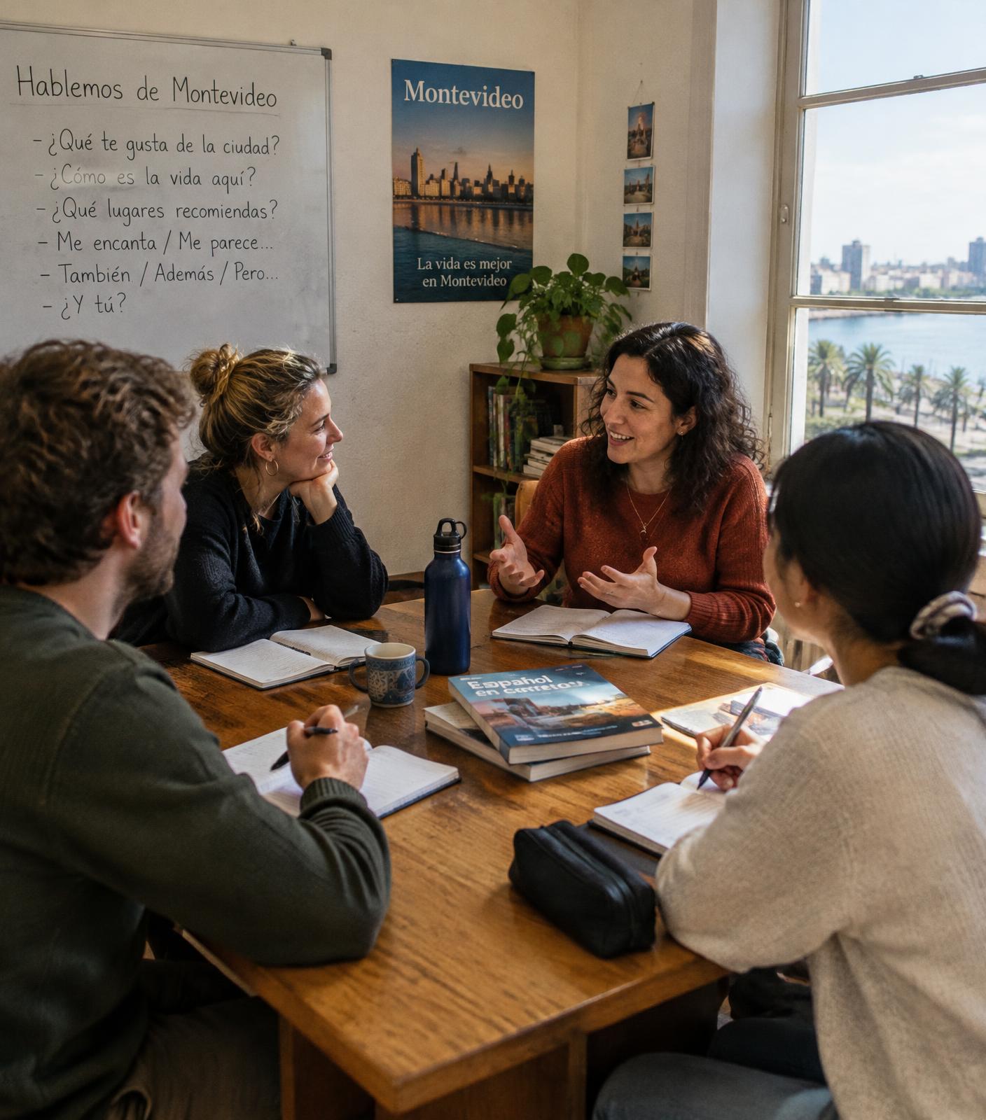 Small group of adult students talking with a Spanish teacher around a wooden table