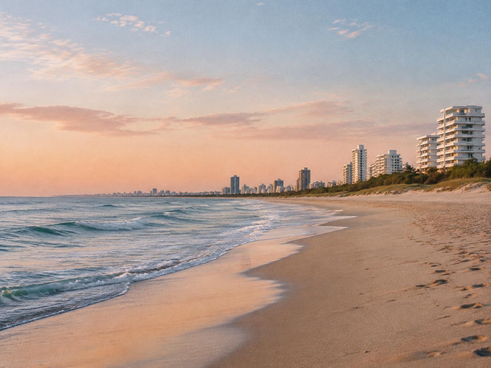 Quiet beach in Punta del Este at dawn, with white apartment buildings along the coast